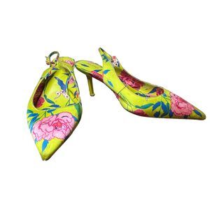 ALDO Floral Slingback Kitten Heels 8.5 Bright Yellow Pink Pointed Toe Pumps